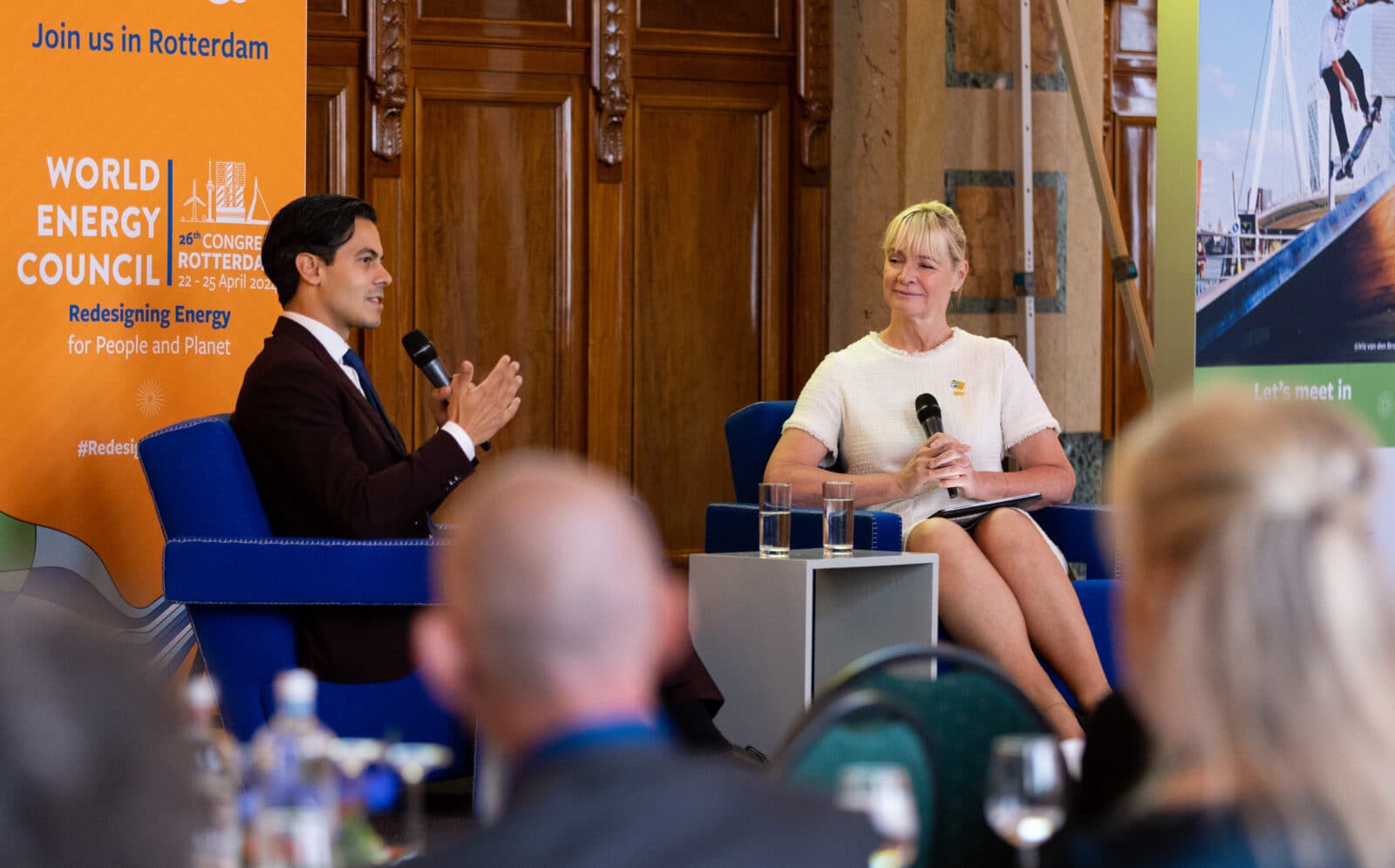 Netherlands' Minister for Climate and Energy Policy Rob Jetten speaking while sat alongside World Energy Council Secretary General and CEO Angela Wilkinson